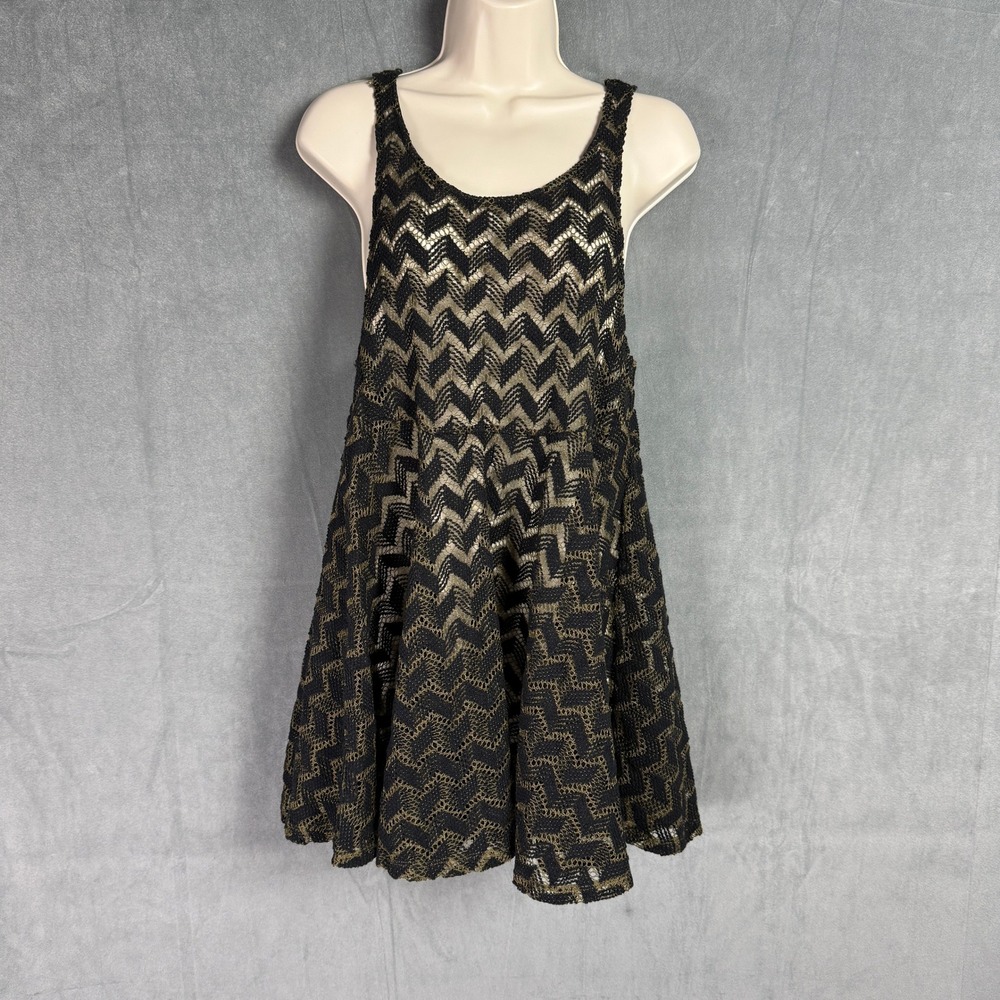 Free People Black Olive Green Geo‎ Crochet Knit Sheer Mini Tank Party Dress XS